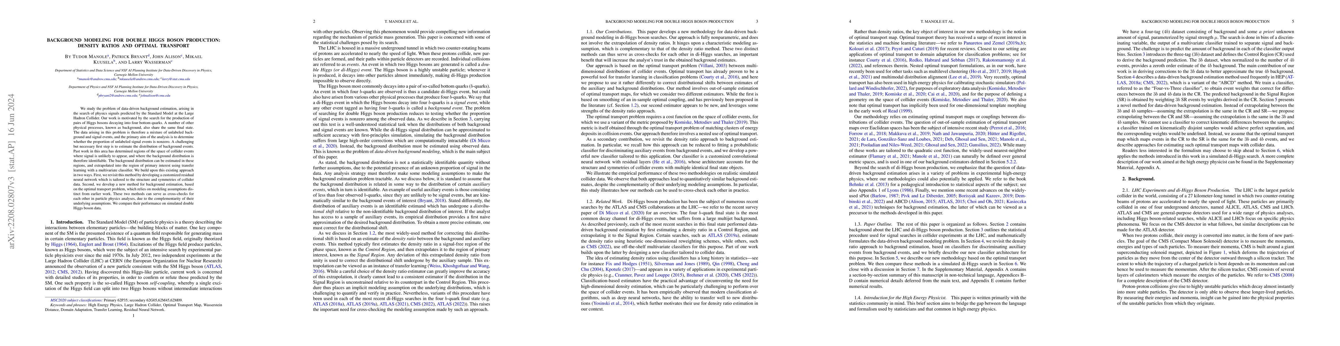 Thumbnail for Background Modeling for Double Higgs Boson Production: Density Ratios
  and Optimal Transport