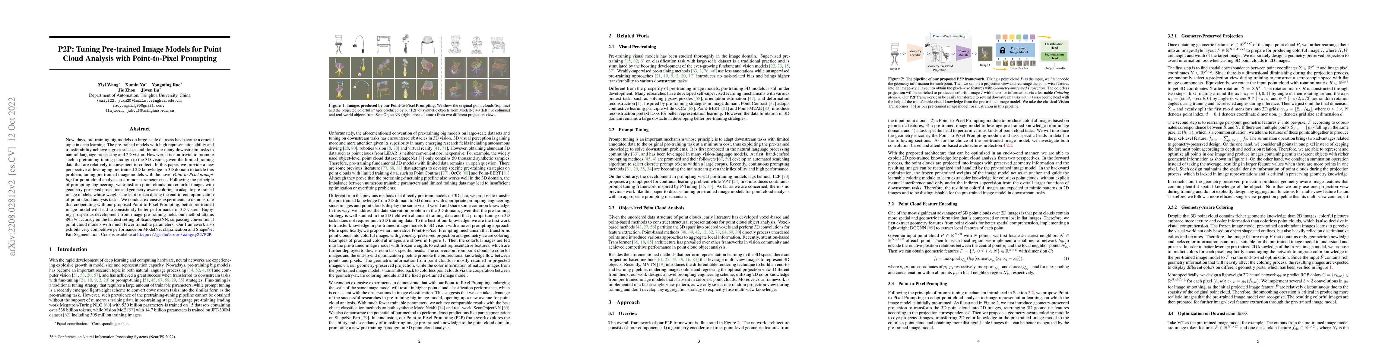 Thumbnail for P2P: Tuning Pre-trained Image Models for Point Cloud Analysis with
  Point-to-Pixel Prompting