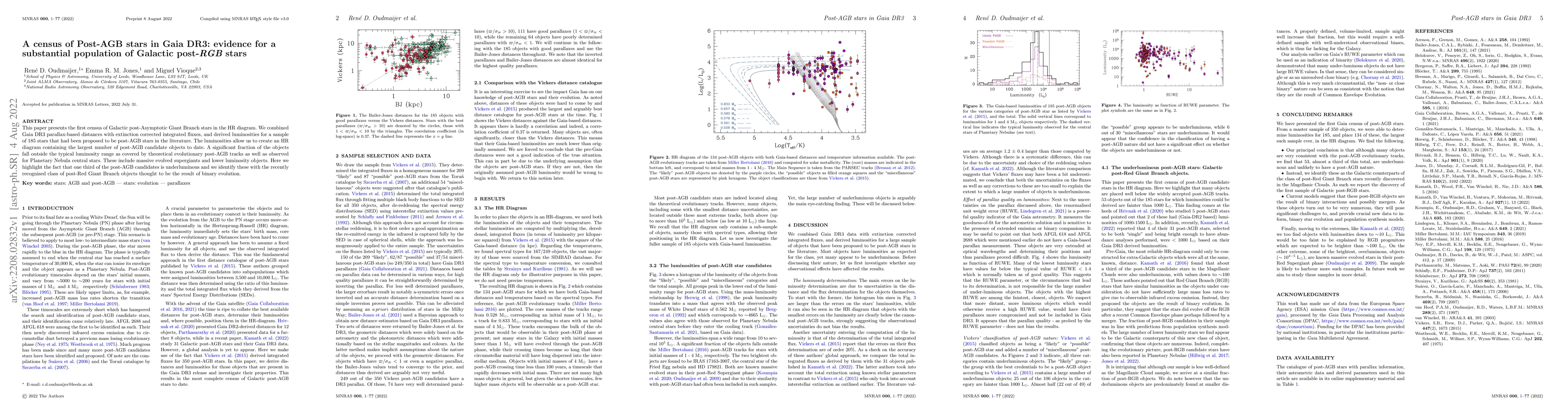 Thumbnail for A census of Post-AGB stars in Gaia DR3: evidence for a substantial
  population of Galactic post-RGB stars