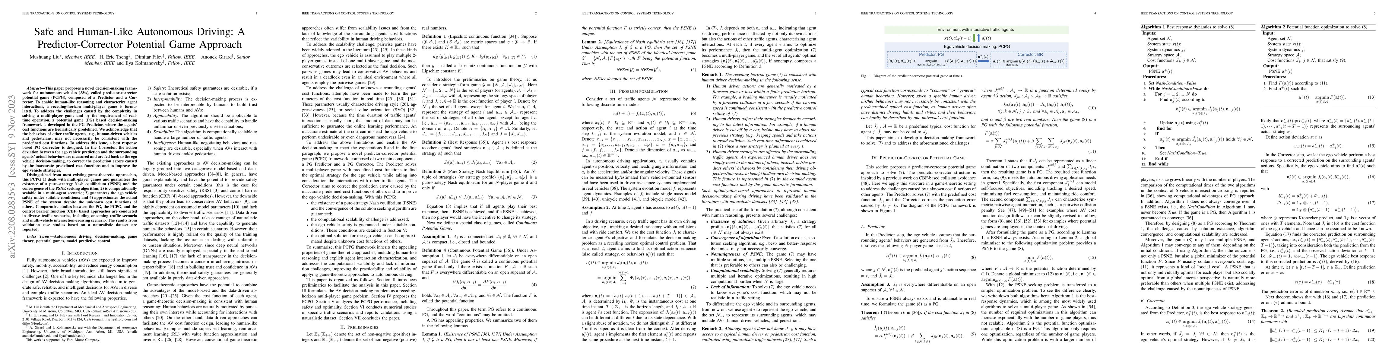 Thumbnail for Safe and Human-Like Autonomous Driving: A Predictor-Corrector Potential
  Game Approach