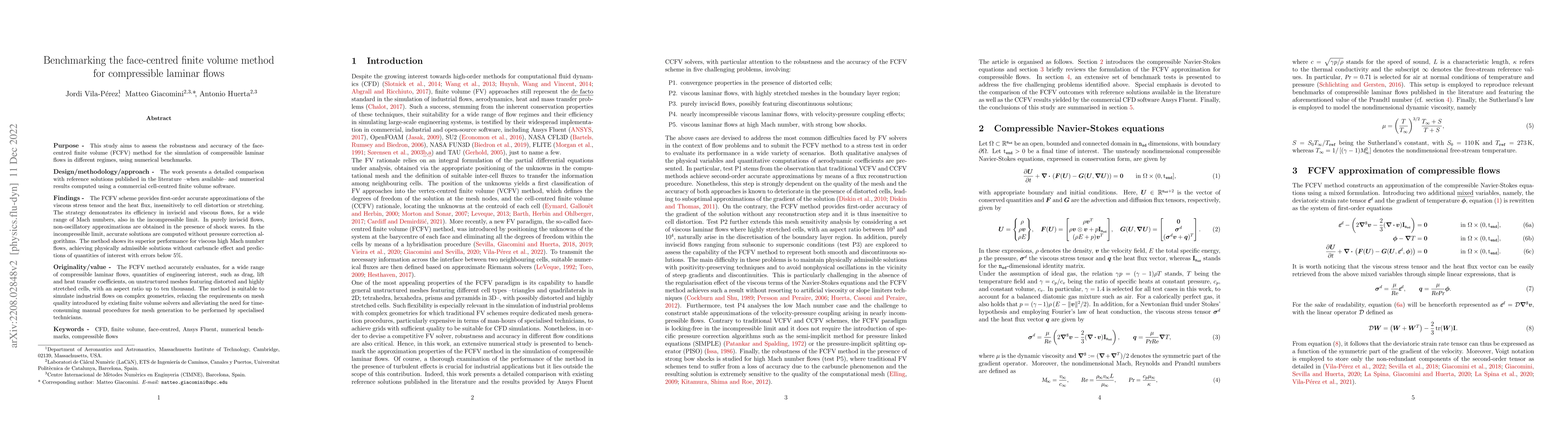 Thumbnail for Benchmarking the face-centred finite volume method for compressible
  laminar flows