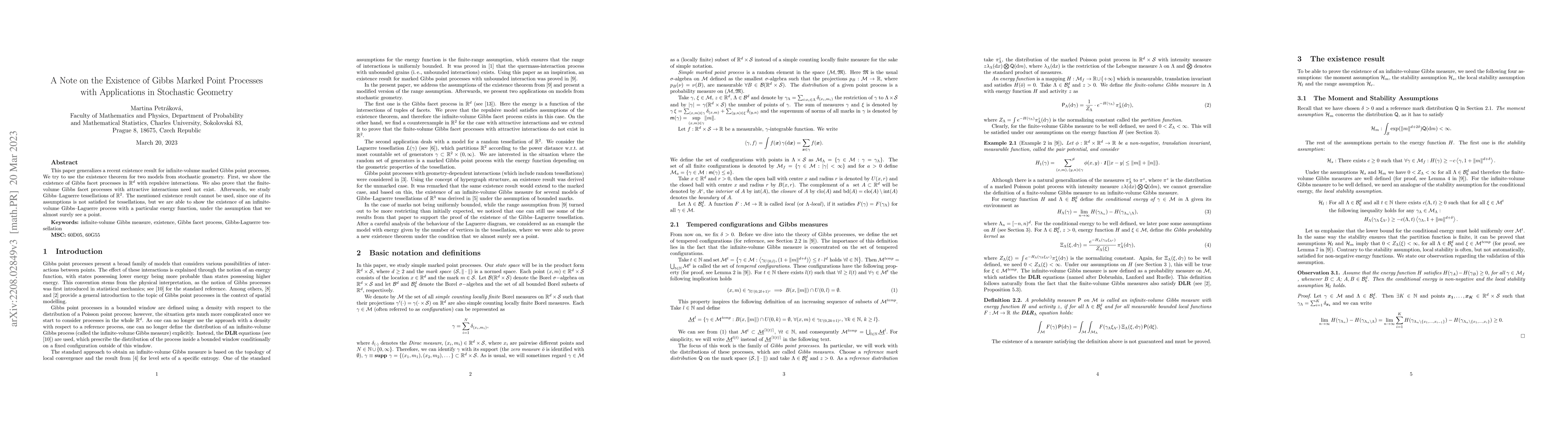 Thumbnail for A Note on the Existence of Gibbs Marked Point Processes with
  Applications in Stochastic Geometry