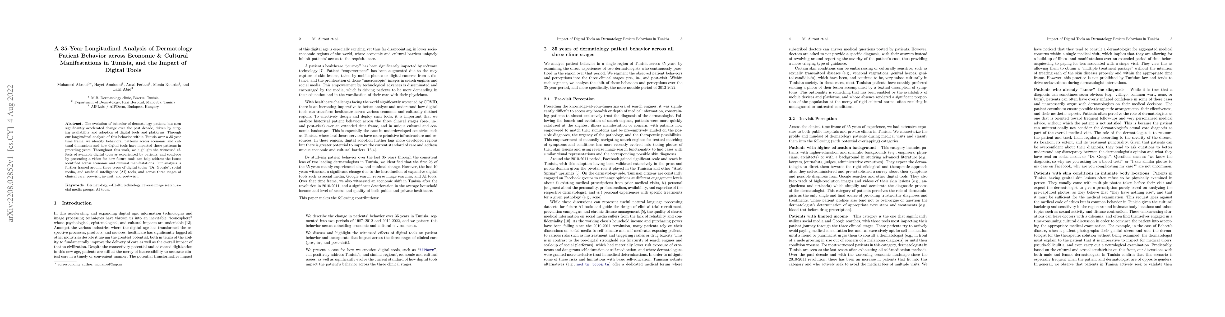 Thumbnail for A 35-Year Longitudinal Analysis of Dermatology Patient Behavior across
  Economic & Cultural Manifestations in Tunisia, and the Impact of Digital
  Tools