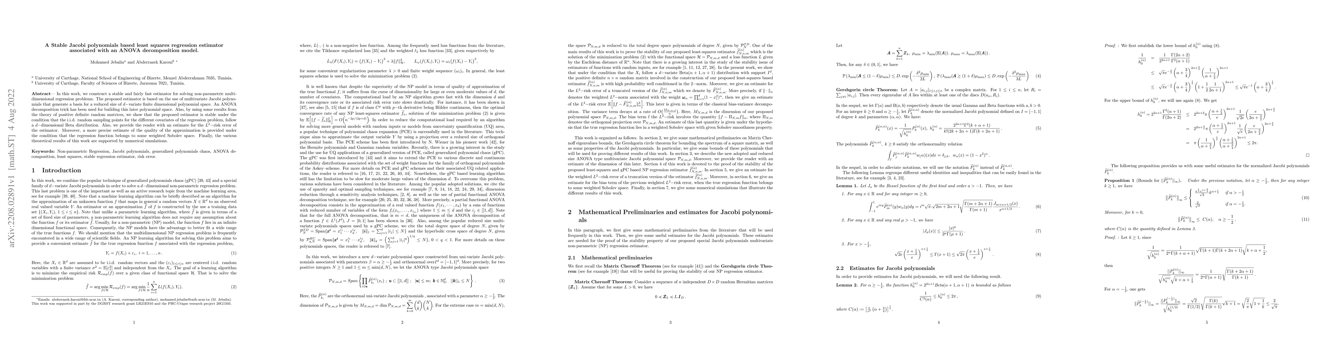 Thumbnail for A Stable Jacobi polynomials based least squares regression estimator
  associated with an ANOVA decomposition model
