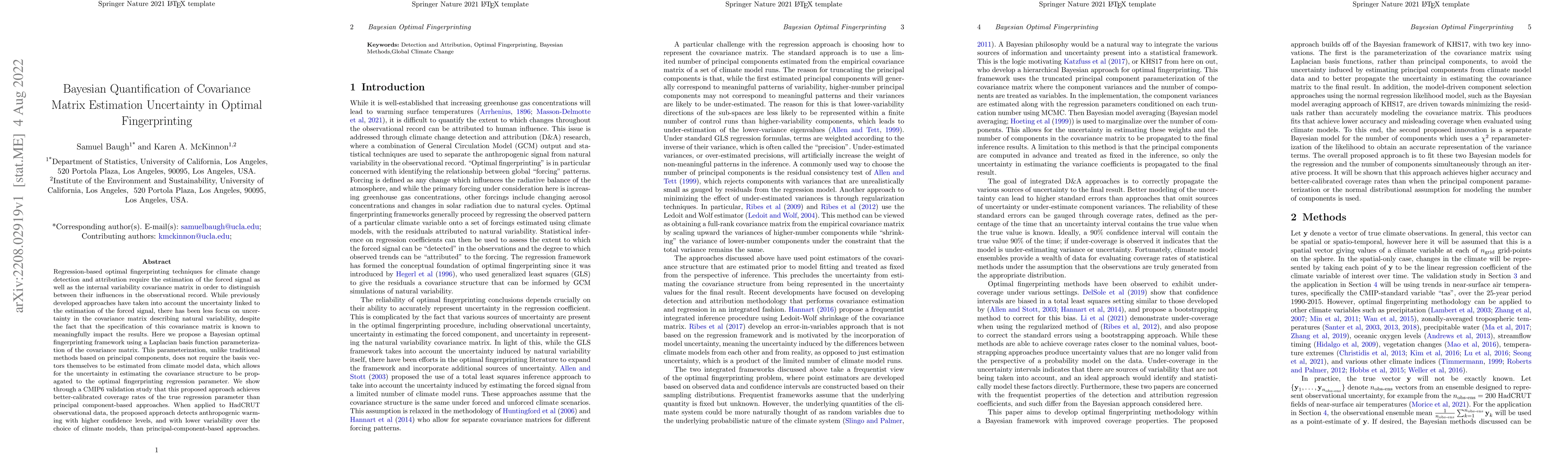 Thumbnail for Bayesian Quantification of Covariance Matrix Estimation Uncertainty in
  Optimal Fingerprinting