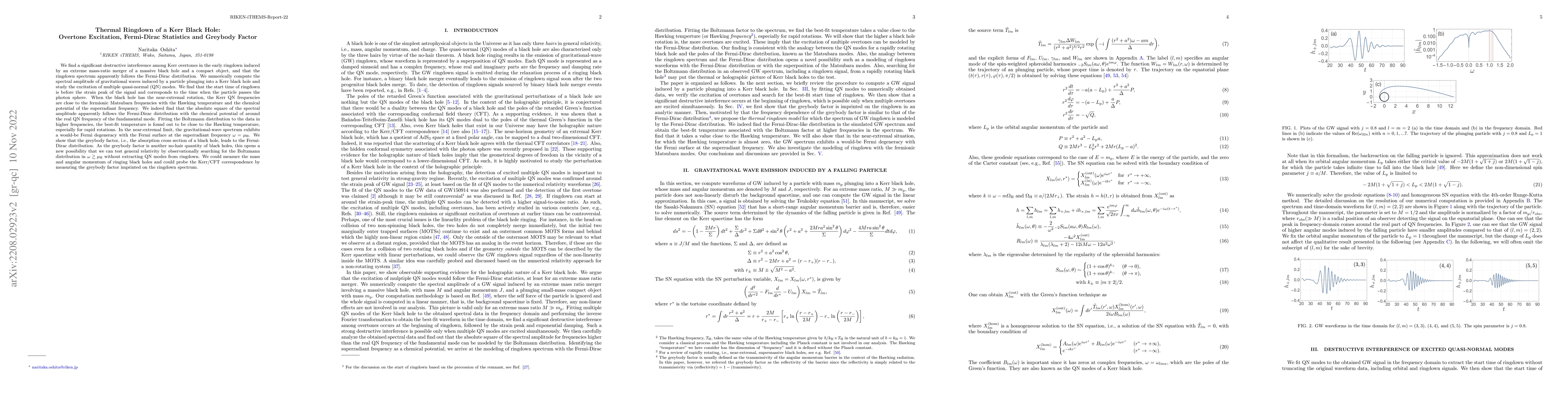 Thumbnail for Thermal Ringdown of a Kerr Black Hole: Overtone Excitation, Fermi-Dirac
  Statistics and Greybody Factor