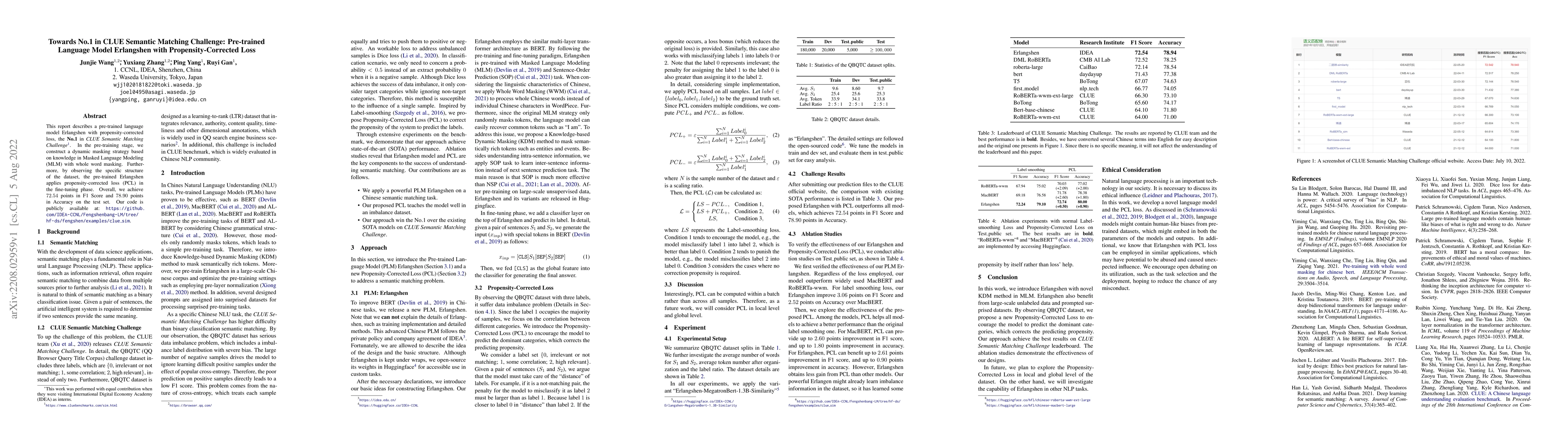 Thumbnail for Towards No.1 in CLUE Semantic Matching Challenge: Pre-trained Language
  Model Erlangshen with Propensity-Corrected Loss