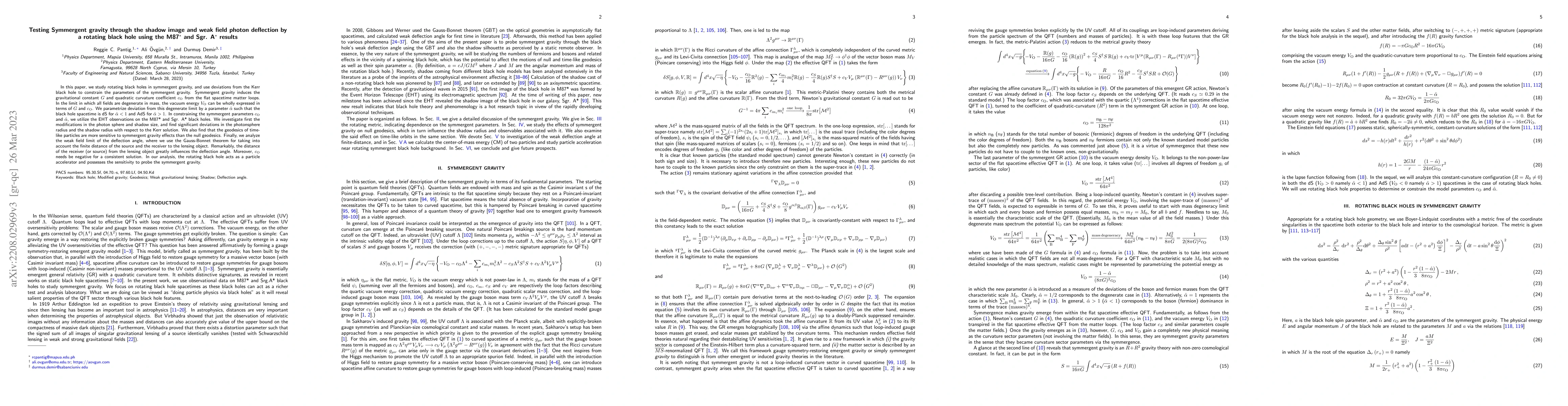 Thumbnail for Testing Symmergent gravity through the shadow image and weak field
  photon deflection by a rotating black hole using the M87$^*$ and Sgr. A$^*$
  results