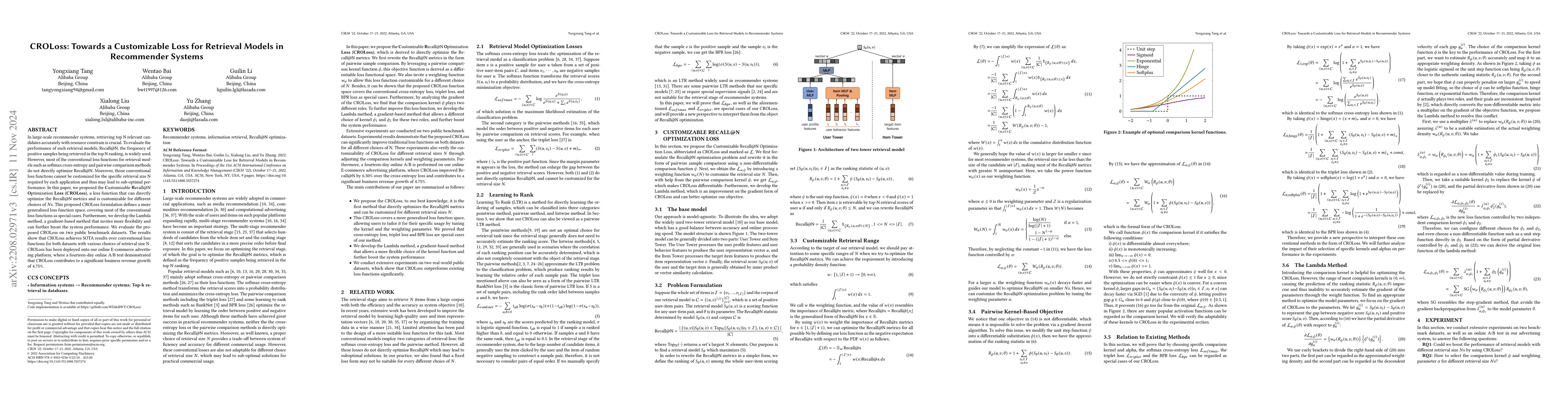 Thumbnail for CROLoss: Towards a Customizable Loss for Retrieval Models in Recommender
  Systems