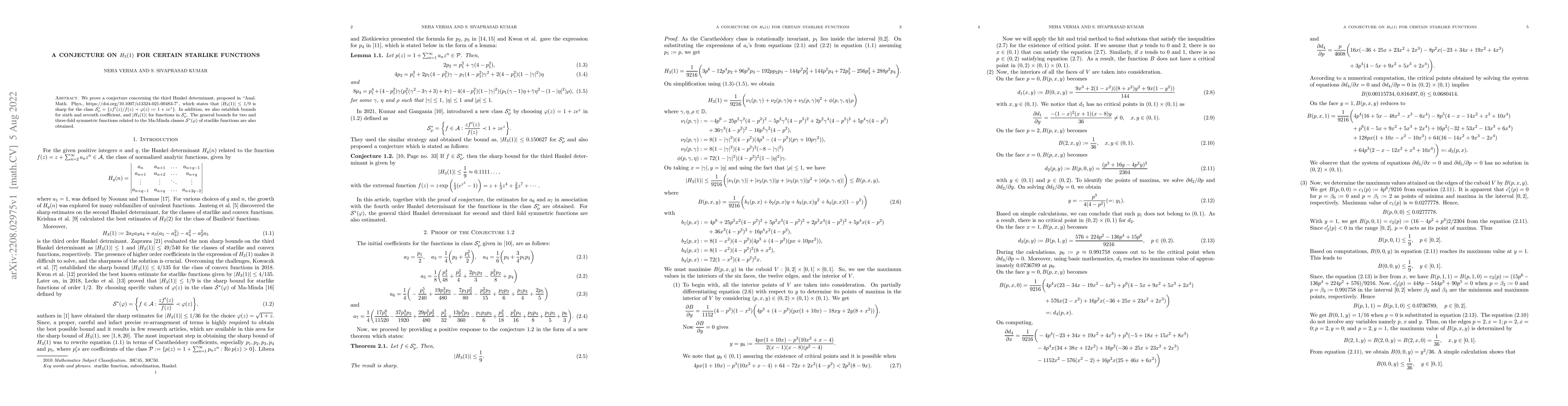 Thumbnail for A Conjecture on $H_3(1)$ For Certain Starlike Functions