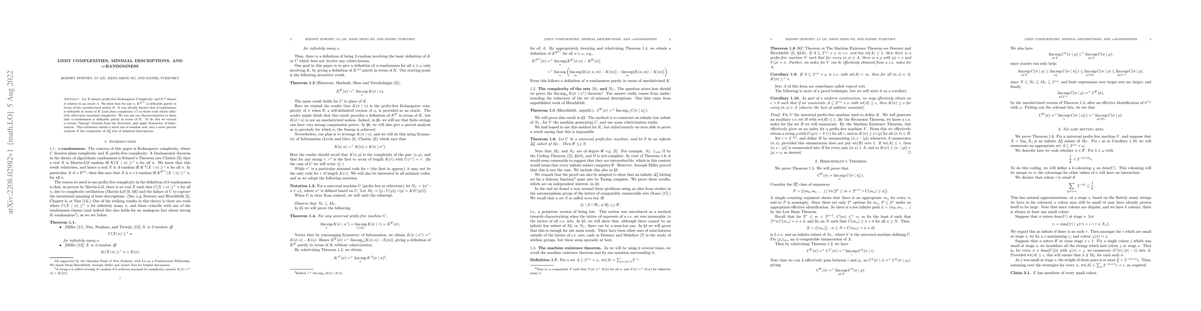 Thumbnail for Limit Complexities, Minimal Descriptions, and $n$-Randomness