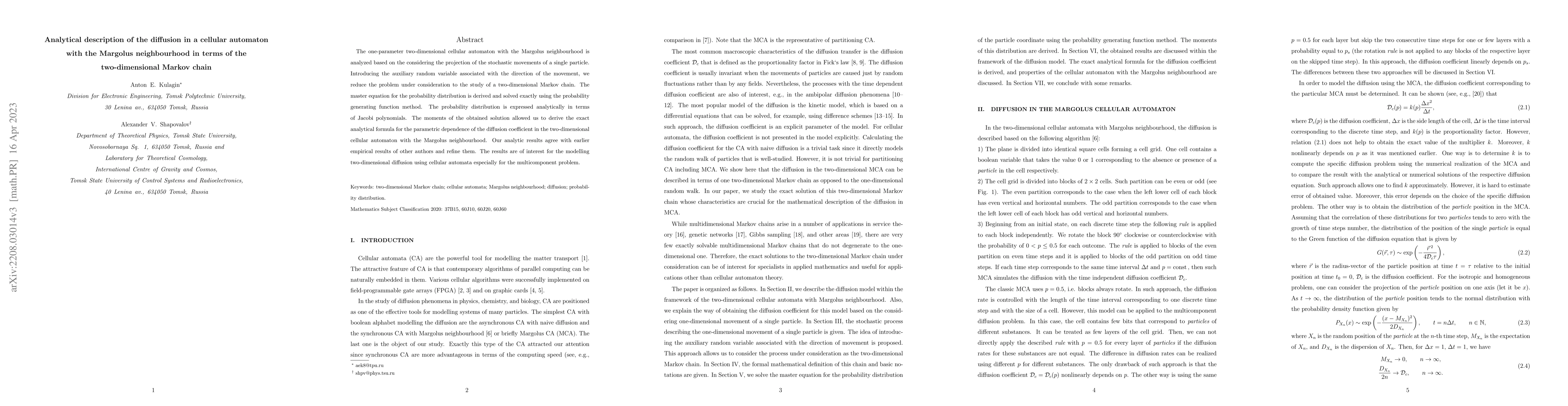 Thumbnail for Analytical description of the diffusion in a cellular automaton with the
  Margolus neighbourhood in terms of the two-dimensional Markov chain