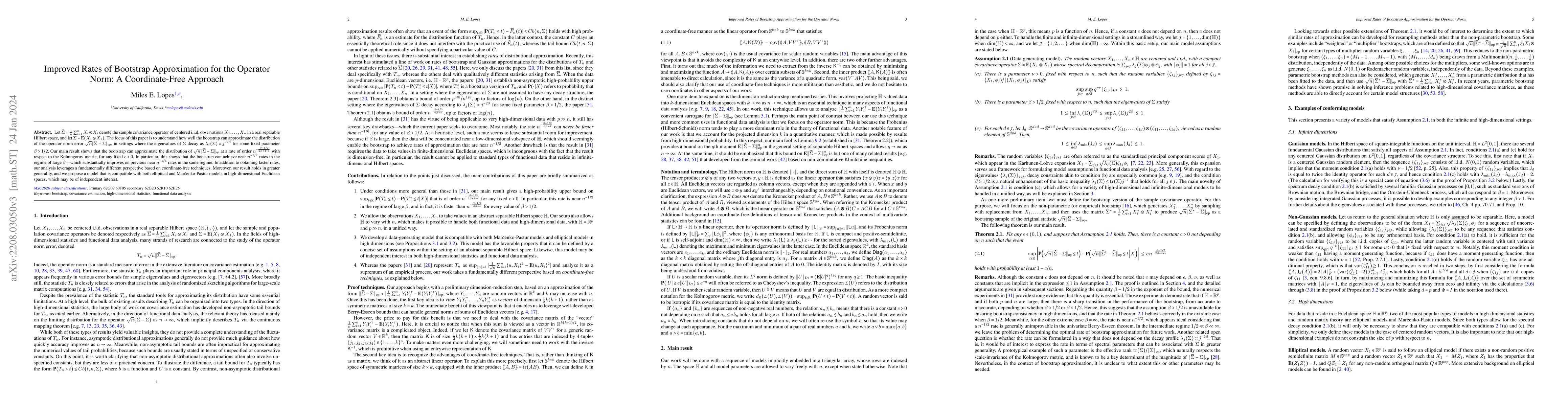 Thumbnail for Improved Rates of Bootstrap Approximation for the Operator Norm: A
  Coordinate-Free Approach