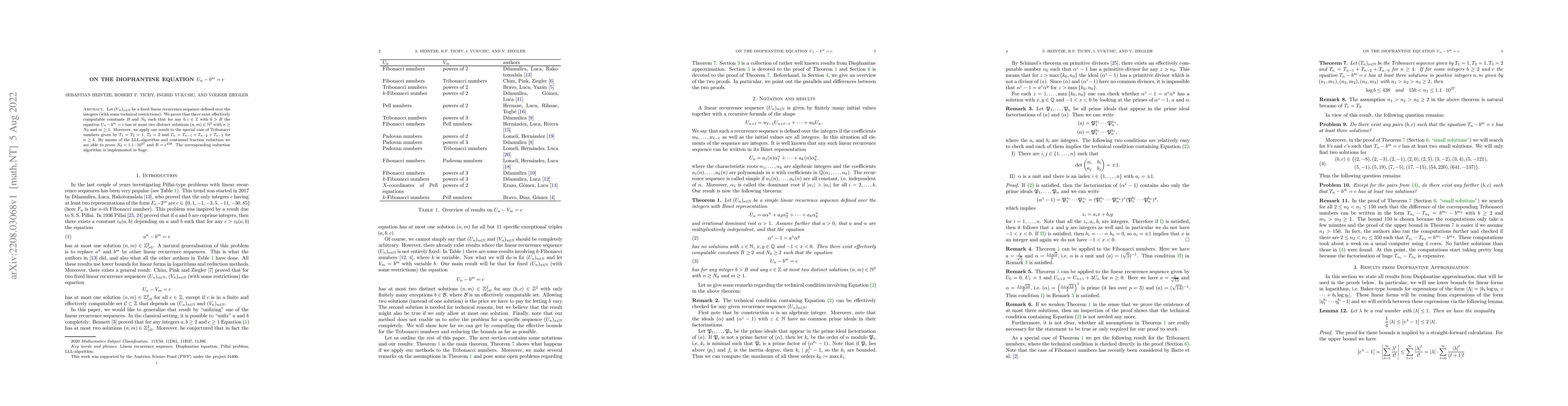 Thumbnail for On the Diophantine equation $U_n-b^m = c$