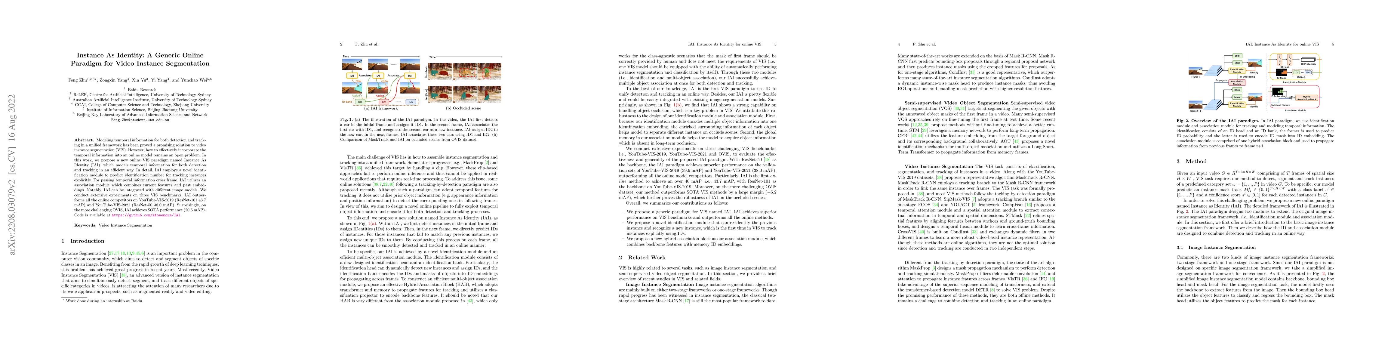 Thumbnail for Instance As Identity: A Generic Online Paradigm for Video Instance
  Segmentation