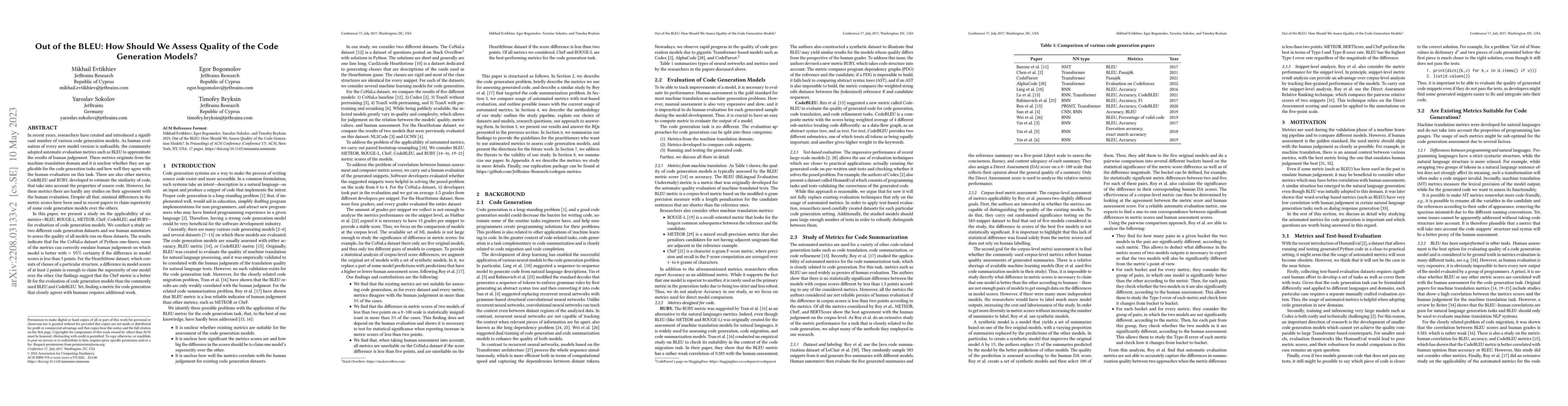 Thumbnail for Out of the BLEU: how should we assess quality of the Code Generation
  models?