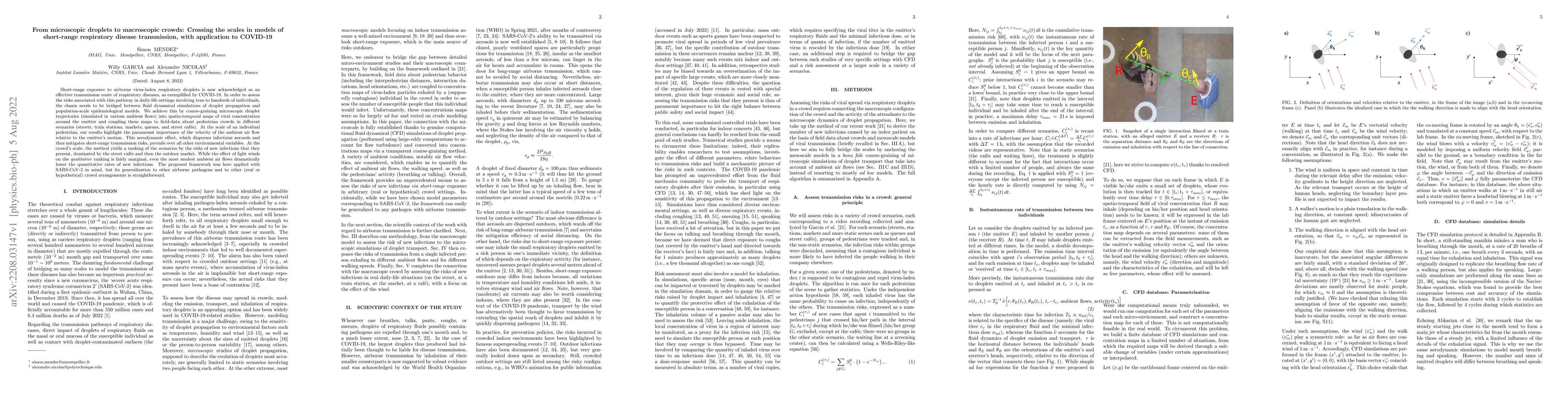 Thumbnail for From microscopic droplets to macroscopic crowds: Crossing the scales in
  models of short-range respiratory disease transmission, with application to
  COVID-19