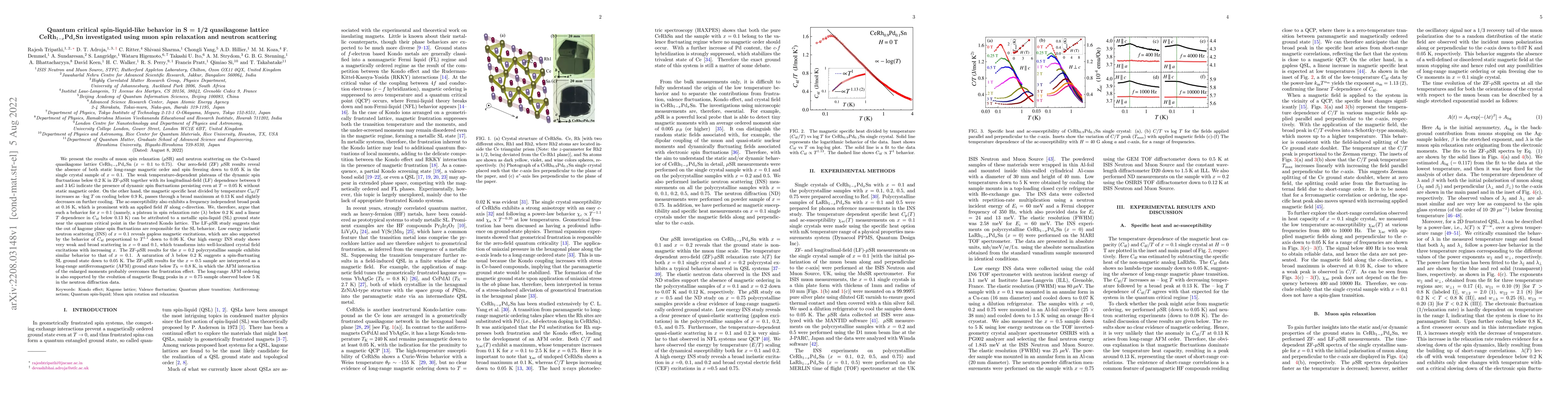 Thumbnail for Quantum critical spin-liquid-like behavior in S = 1/2 quasikagome
  lattice CeRh1-xPdxSn investigated using muon spin relaxation and neutron
  scattering