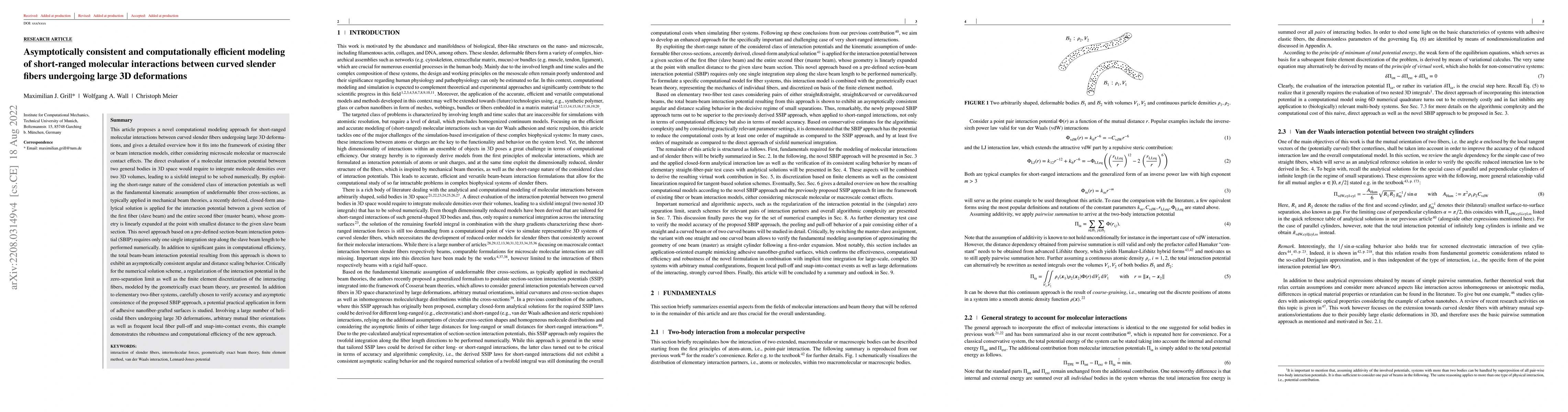 Thumbnail for Asymptotically consistent and computationally efficient modeling of
  short-ranged molecular interactions between curved slender fibers undergoing
  large 3D deformations