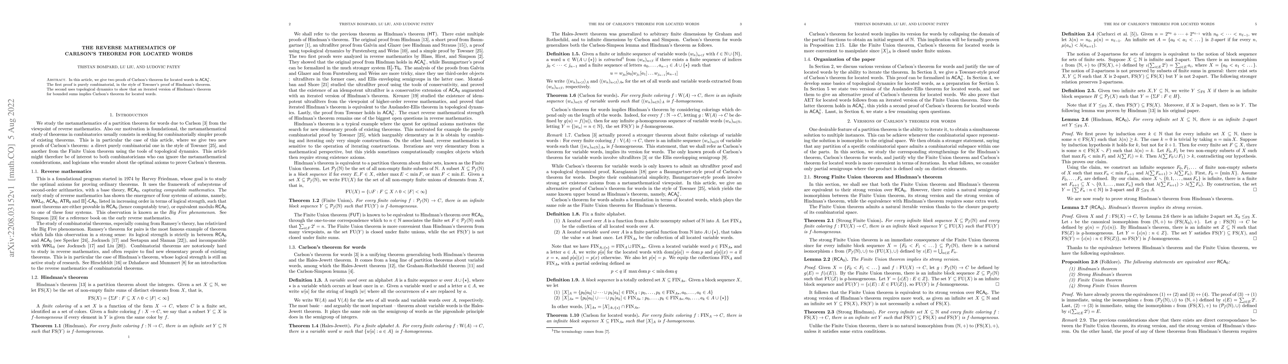Thumbnail for The reverse mathematics of Carlson's theorem for located words