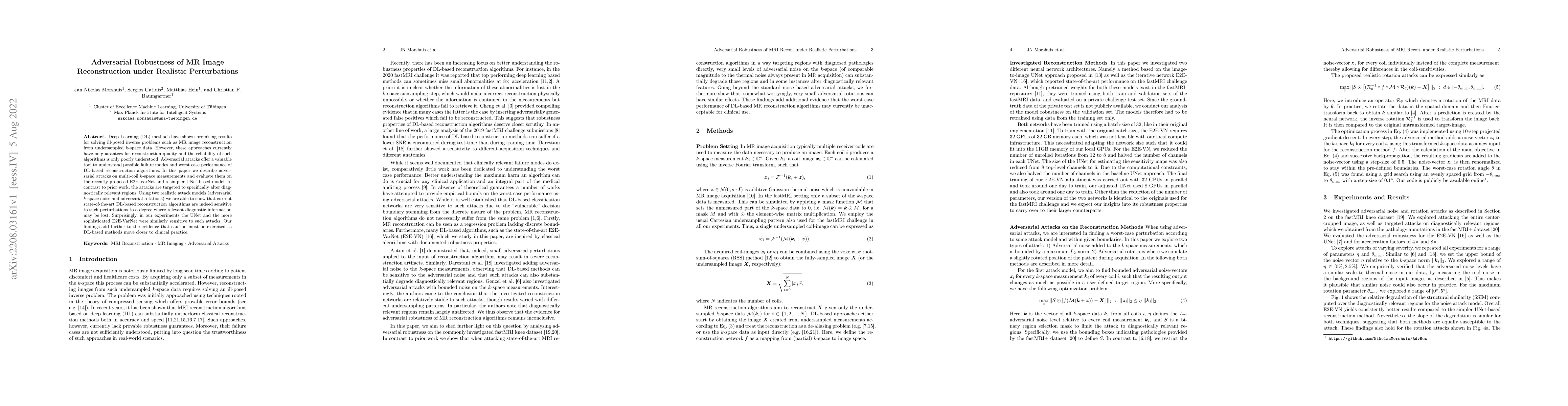Thumbnail for Adversarial Robustness of MR Image Reconstruction under Realistic
  Perturbations