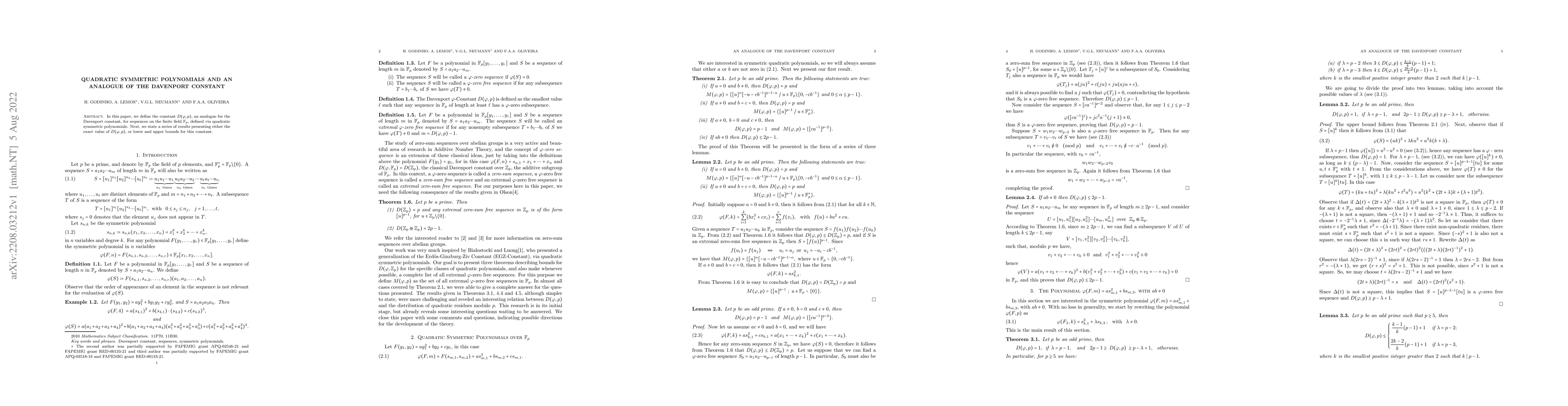 Thumbnail for Quadratic Symmetric Polynomials and an analogue of the Davenport
  Constant