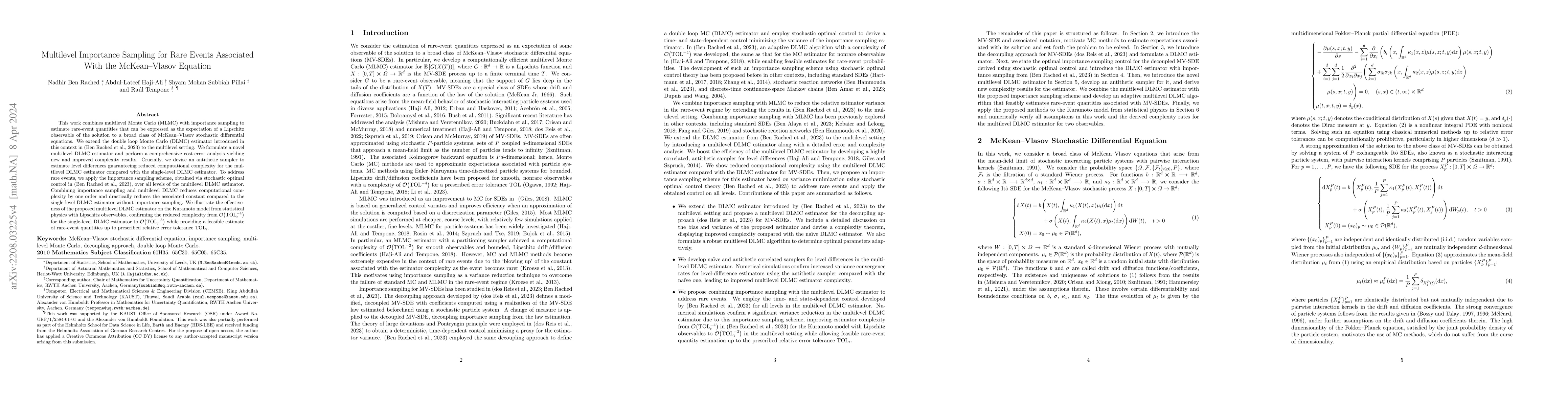 Thumbnail for Multilevel Importance Sampling for Rare Events Associated With the
  McKean--Vlasov Equation