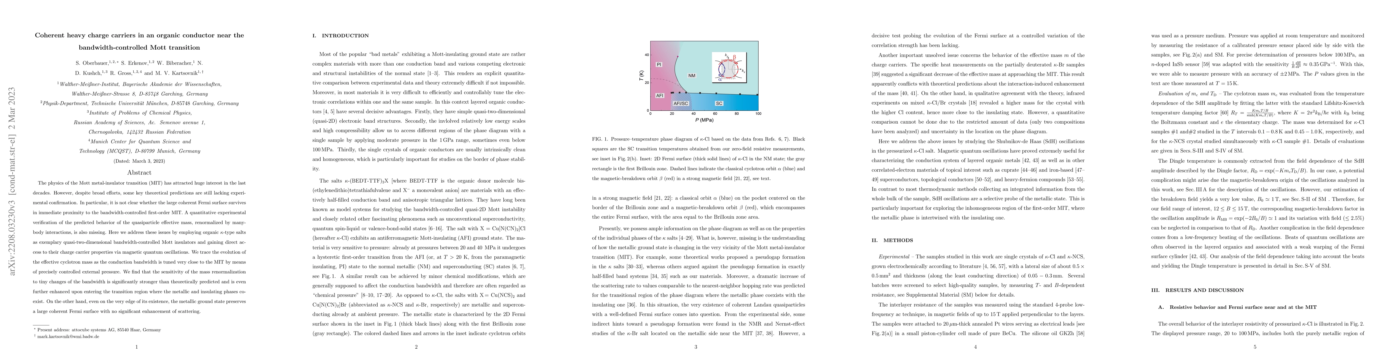 Thumbnail for Coherent heavy charge carriers in an organic conductor near the
  bandwidth-controlled Mott transition