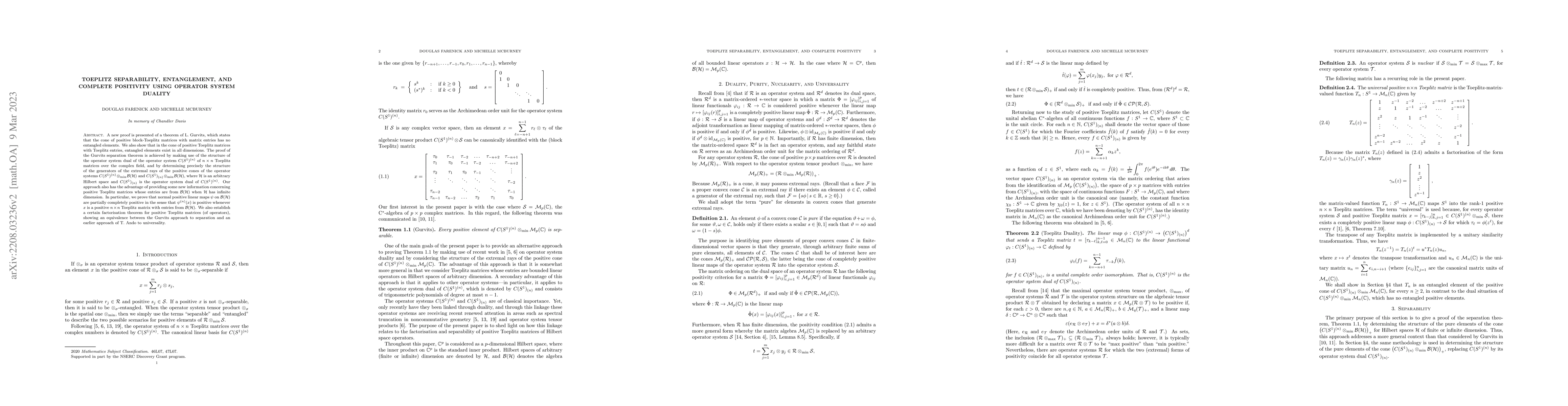 Thumbnail for Toeplitz separability, entanglement, and complete positivity using
  operator system duality