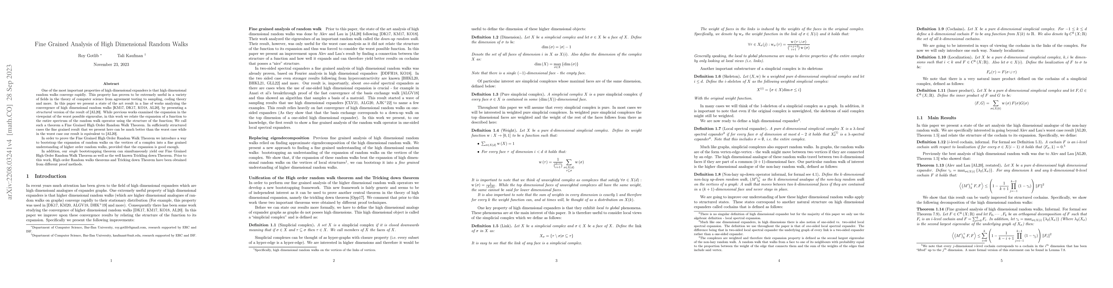 Thumbnail for Fine Grained Analysis of High Dimensional Random Walks