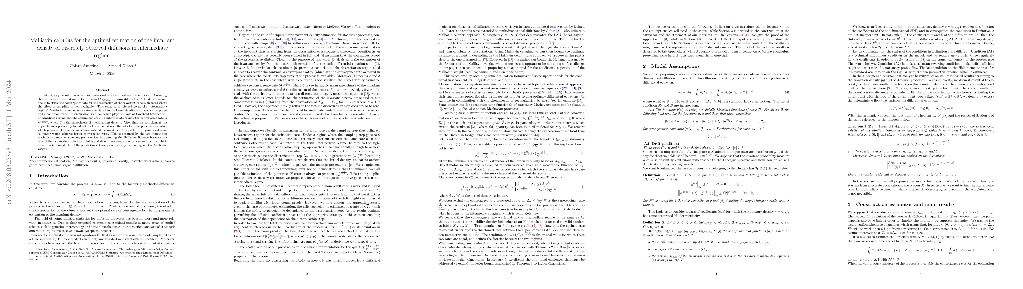 Thumbnail for Malliavin calculus for the optimal estimation of the invariant density
  of discretely observed diffusions in intermediate regime