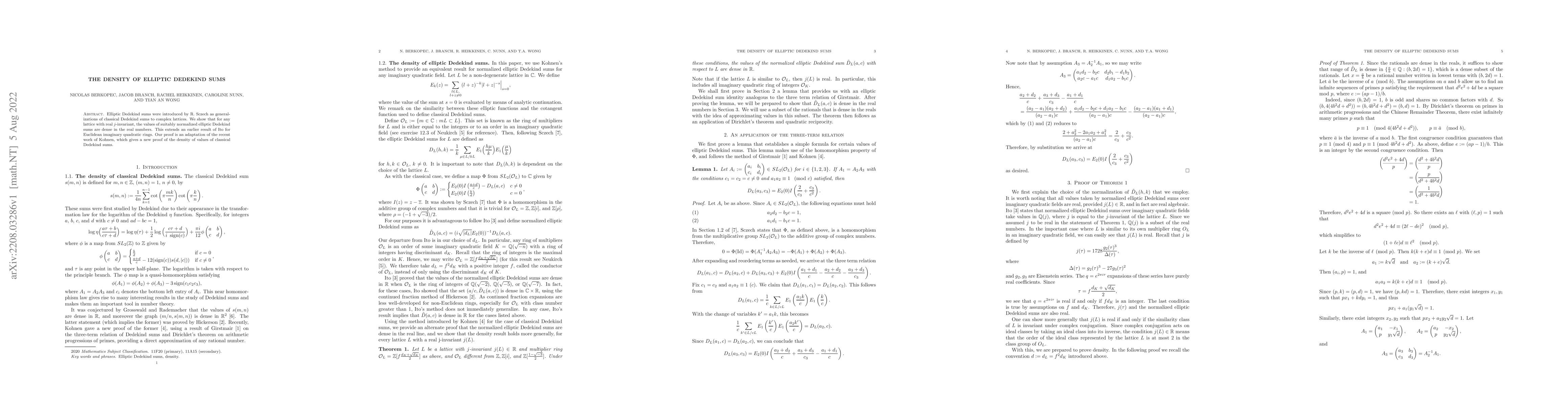 Thumbnail for The Density of Elliptic Dedekind Sums