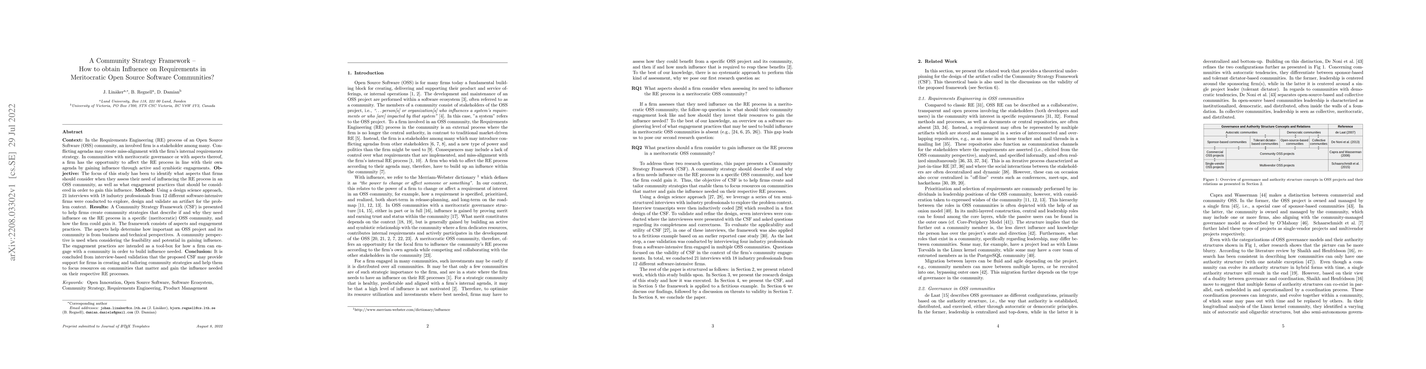 Thumbnail for A Community Strategy Framework -- How to obtain Influence on
  Requirements in Meritocratic Open Source Software Communities?