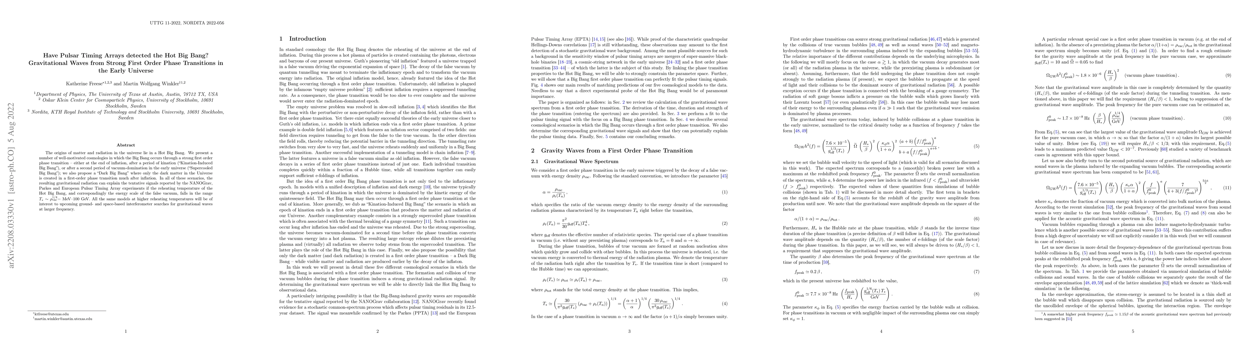 Thumbnail for Have Pulsar Timing Arrays detected the Hot Big Bang? Gravitational Waves
  from Strong First Order Phase Transitions in the Early Universe