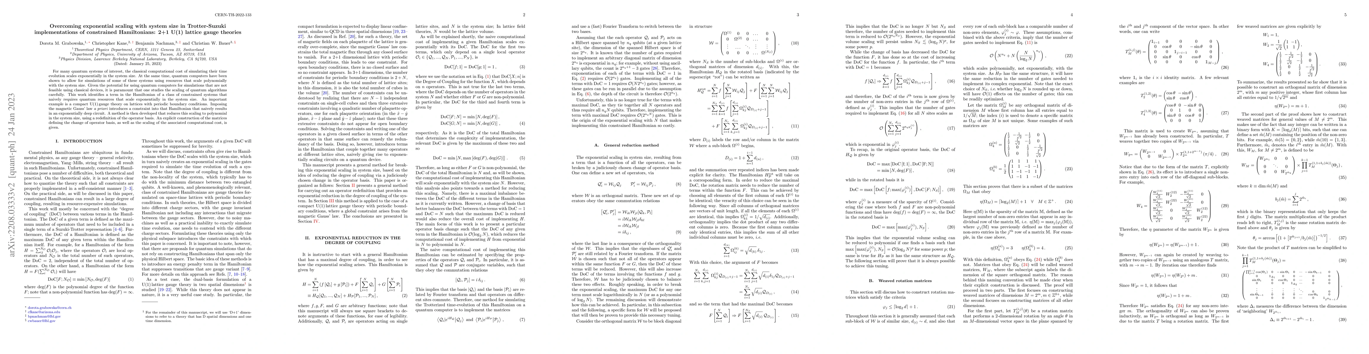 Thumbnail for Overcoming exponential scaling with system size in Trotter-Suzuki
  implementations of constrained Hamiltonians: 2+1 U(1) lattice gauge theories