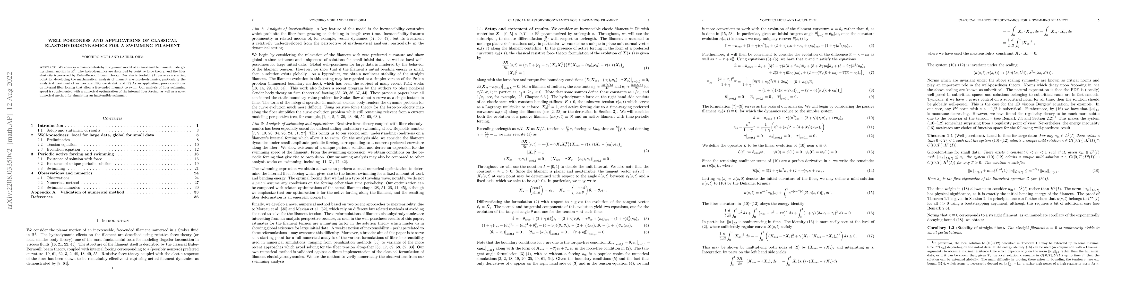 Thumbnail for Well-posedness and applications of classical elastohydrodynamics for a
  swimming filament