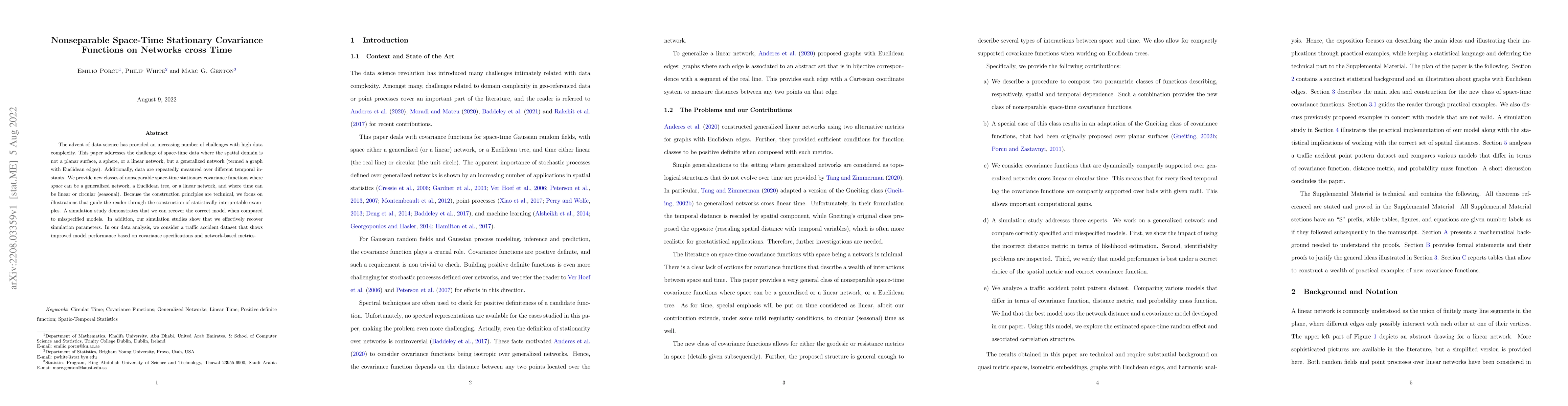 Thumbnail for Nonseparable Space-Time Stationary Covariance Functions on Networks
  cross Time