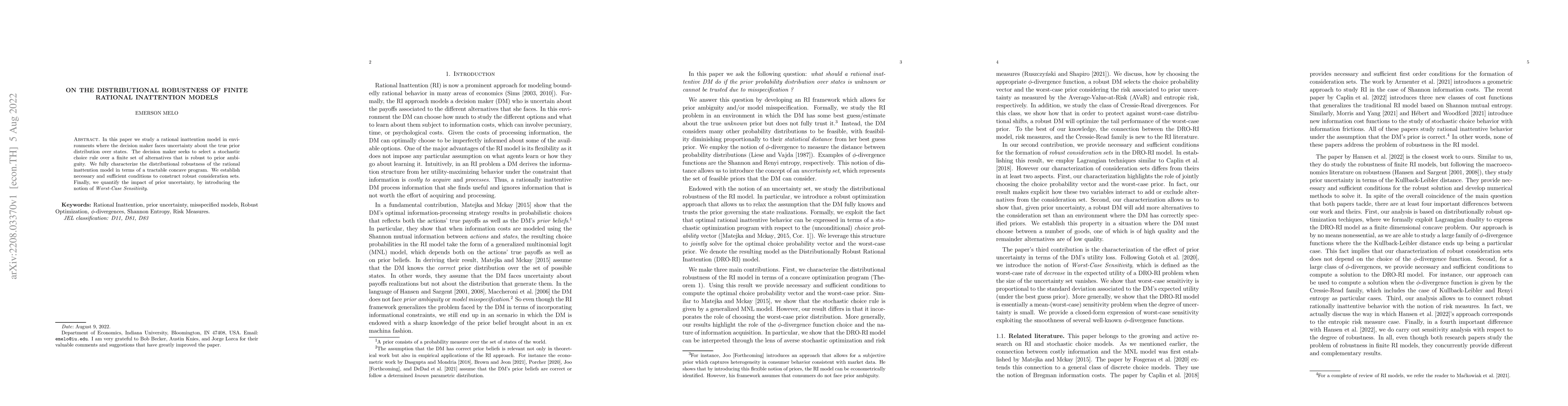 Thumbnail for On the Distributional Robustness of Finite Rational Inattention Models
