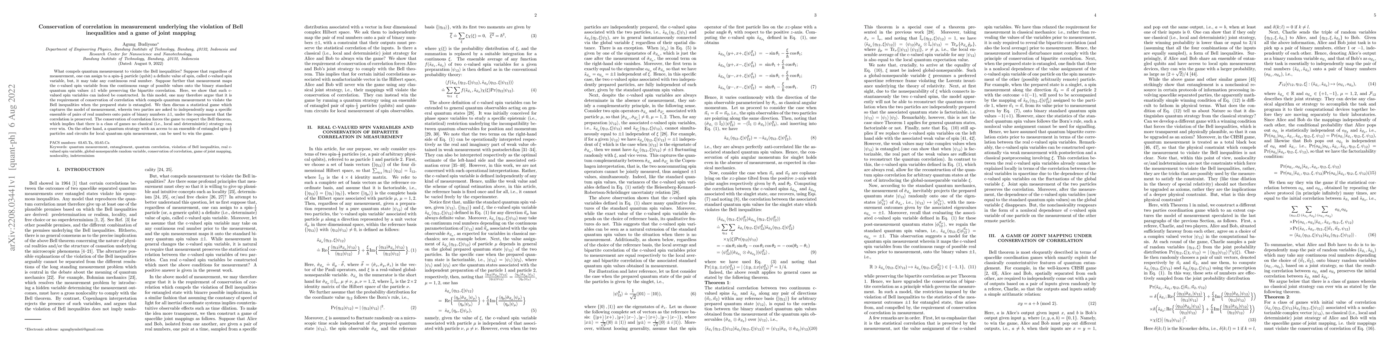 Thumbnail for Conservation of correlation in measurement underlying the violation of
  Bell inequalities and a game of joint mapping