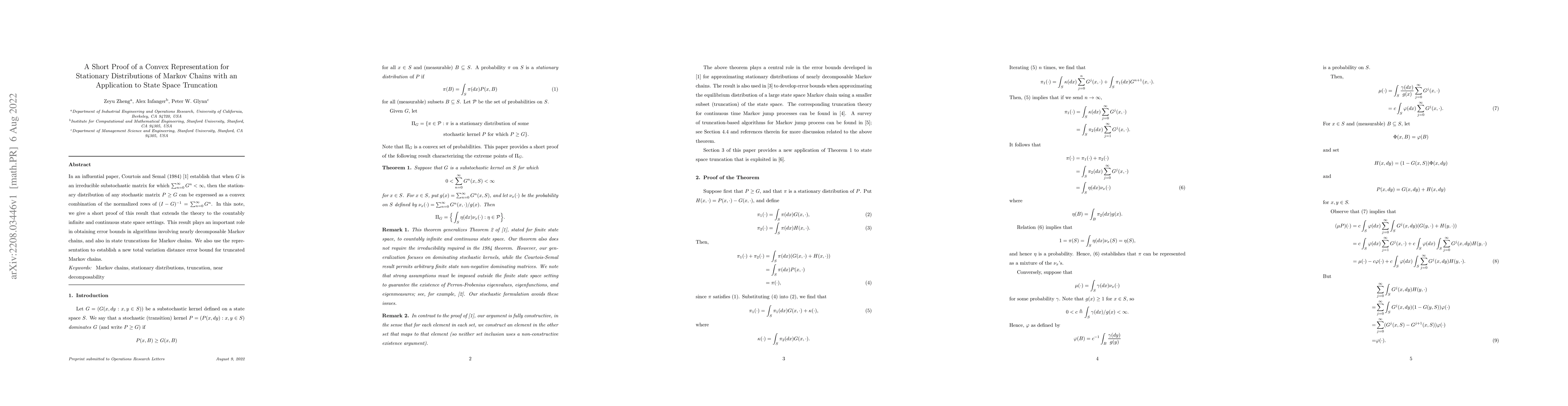 Thumbnail for A Short Proof of a Convex Representation for Stationary Distributions of
  Markov Chains with an Application to State Space Truncation