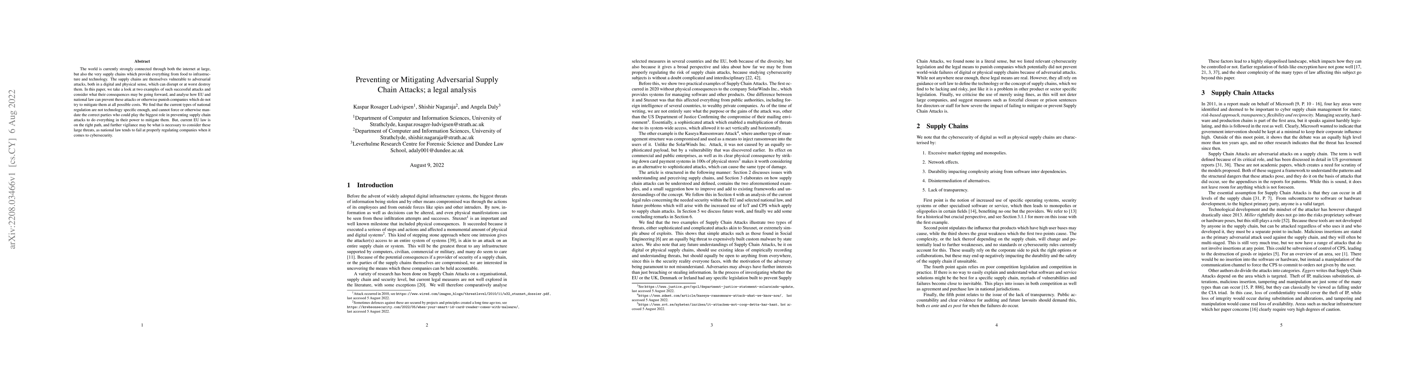 Thumbnail for Preventing or Mitigating Adversarial Supply Chain Attacks; a legal
  analysis