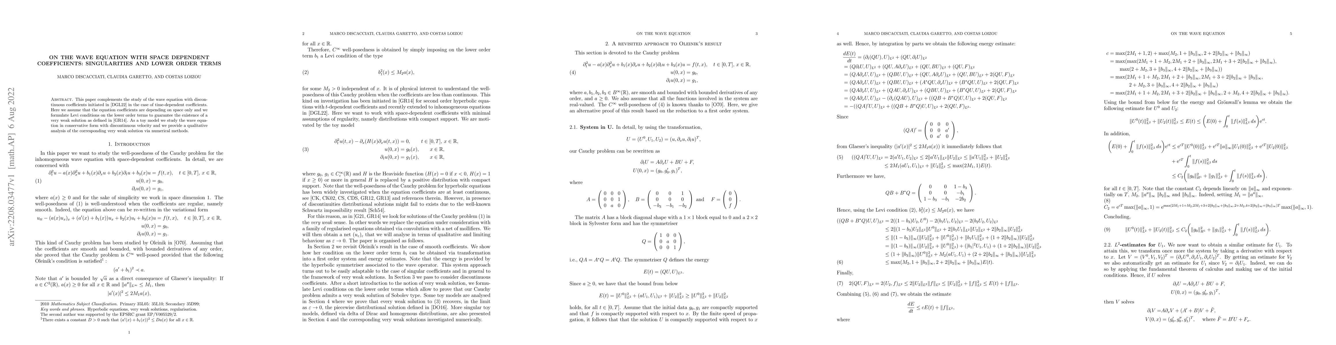 Thumbnail for On the wave equation with space dependent coefficients: singularities
  and lower order terms