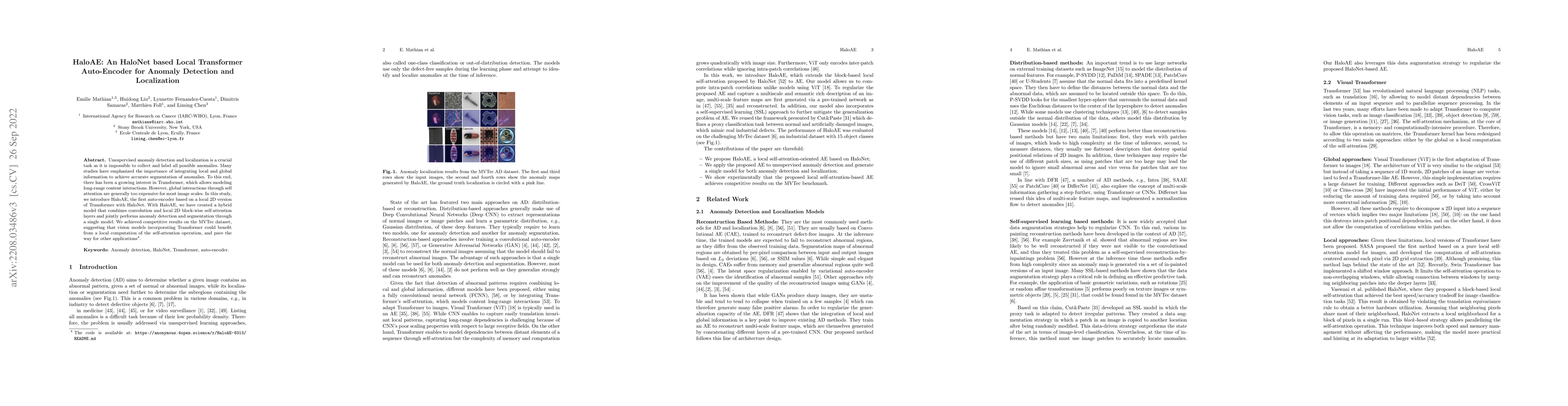 Thumbnail for HaloAE: An HaloNet based Local Transformer Auto-Encoder for Anomaly
  Detection and Localization