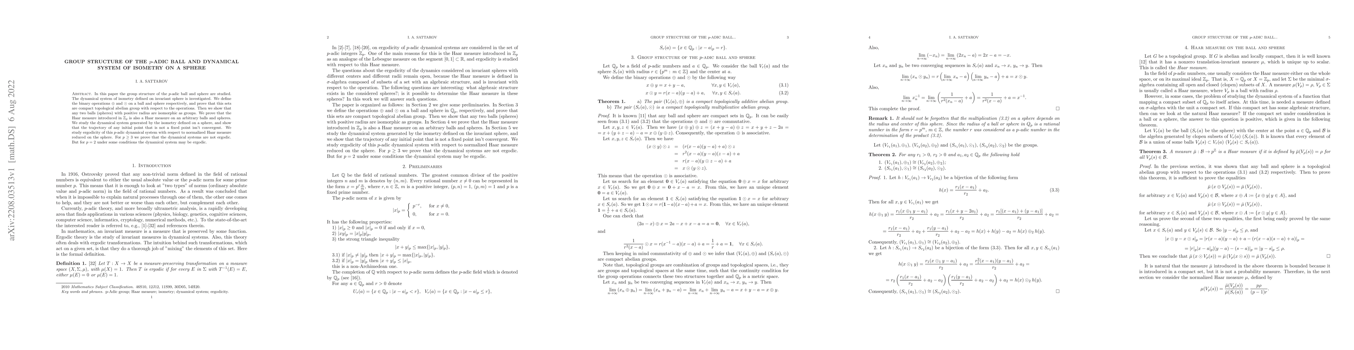 Thumbnail for Group structure of the $p$-adic ball and dynamical system of isometry on
  a sphere