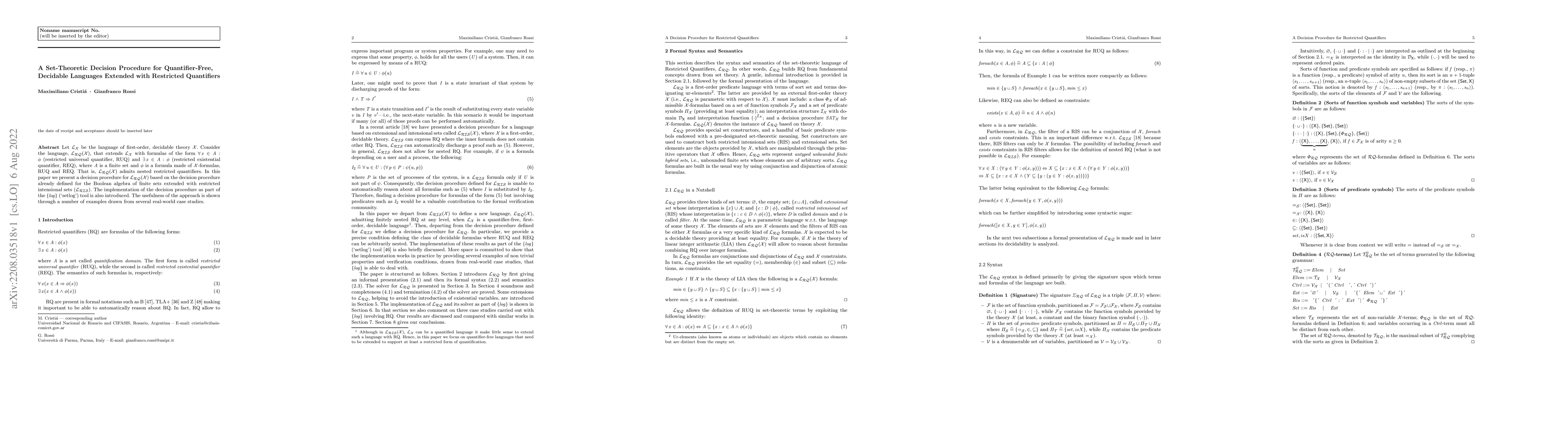 Thumbnail for A Set-Theoretic Decision Procedure for Quantifier-Free, Decidable
  Languages Extended with Restricted Quantifiers