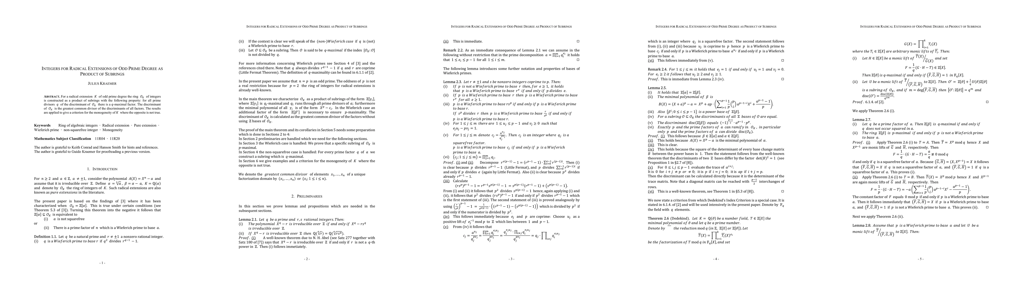 Thumbnail for Integers for Radical Extensions of Odd Prime Degree as Product of
  Subrings