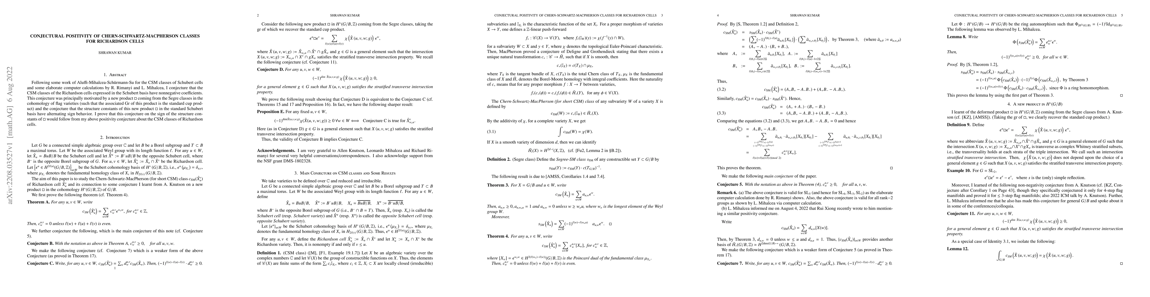 Thumbnail for Conjectural positivity of Chern-Schwartz-MacPherson classes for
  Richardson cells
