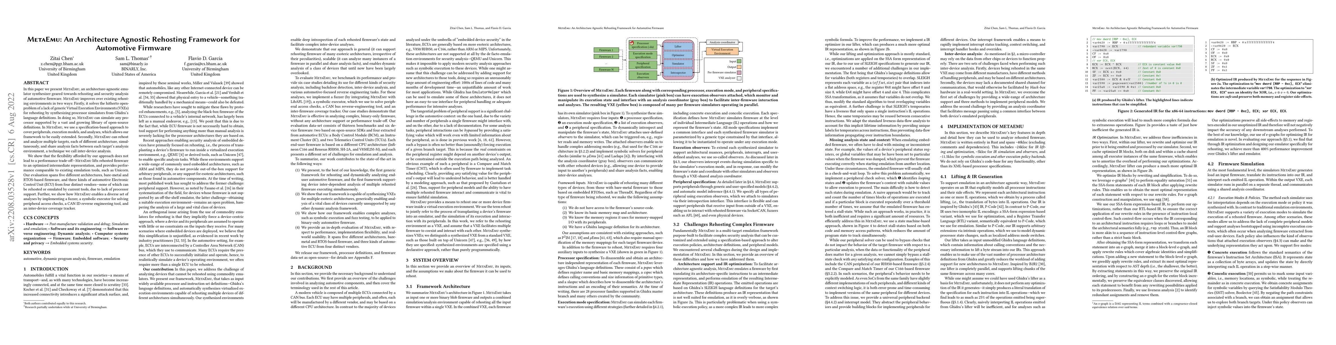 Thumbnail for MetaEmu: An Architecture Agnostic Rehosting Framework for Automotive
  Firmware