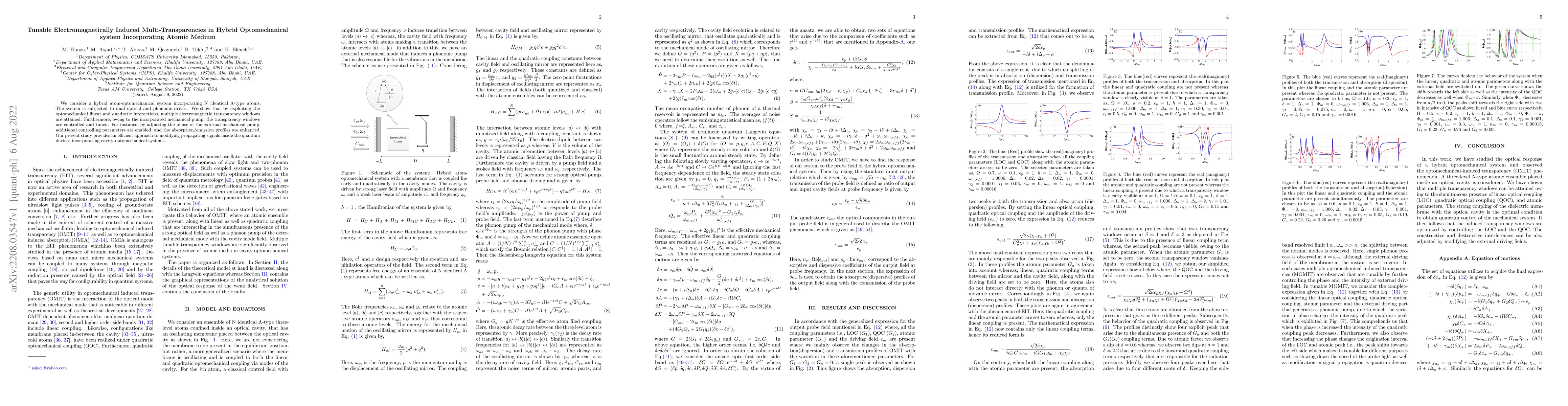 Thumbnail for Tunable Electromagnetically Induced Multi-Transparencies in Hybrid
  Optomechanical system Incorporating Atomic Medium