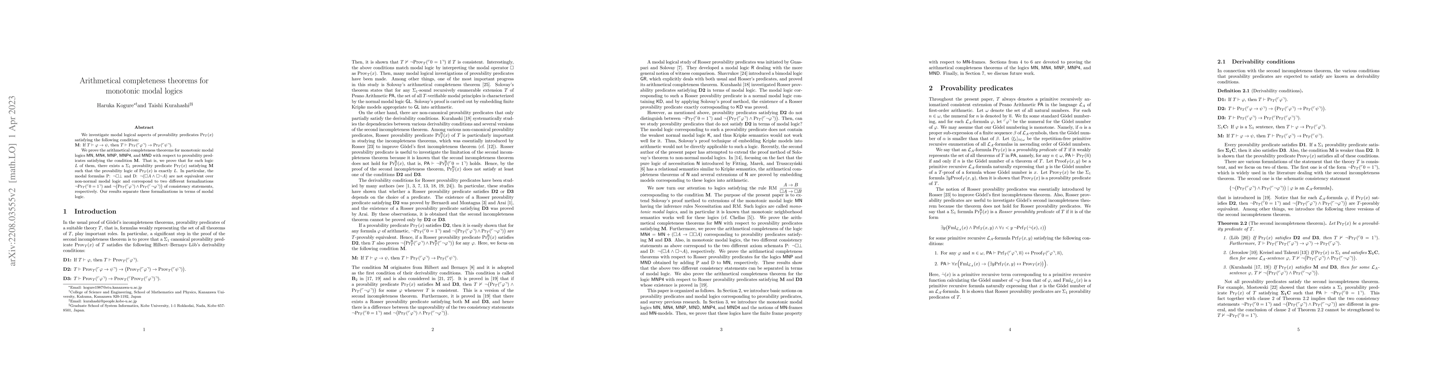 Thumbnail for Arithmetical completeness theorems for monotonic modal logics